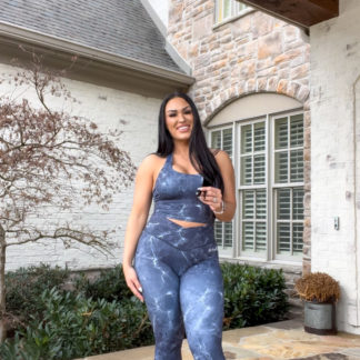 Classic Fit Booty Legging Set w/ Criss Cross Front Legging and Crop Top - Black Marble