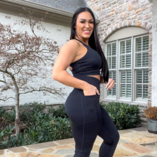 Classic Fit Booty Legging Set w/ Criss Cross Front and Side Pocket Legging and Strappy Top - Black