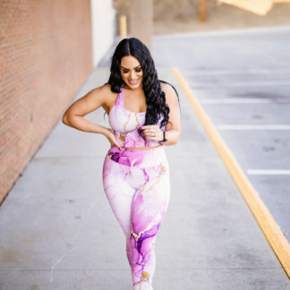 Classic Fit Booty Legging Set w/ Back Pocket Legging and Halter Top - Purple Marble